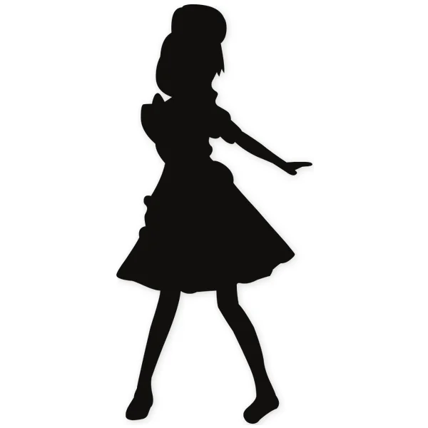 Silueta negra de una figura femenina joven de estilo anime bailando, con vestido y lazo, brazos extendidos.