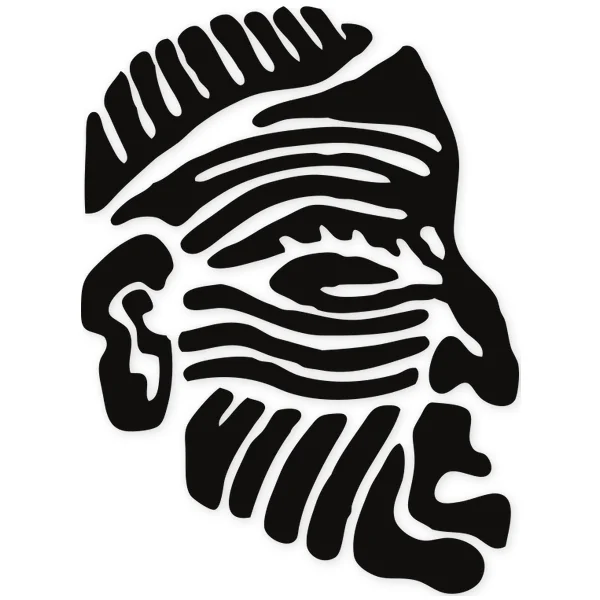 Artistic representation of a human face with a tribal pattern, outlined in black on a white background.