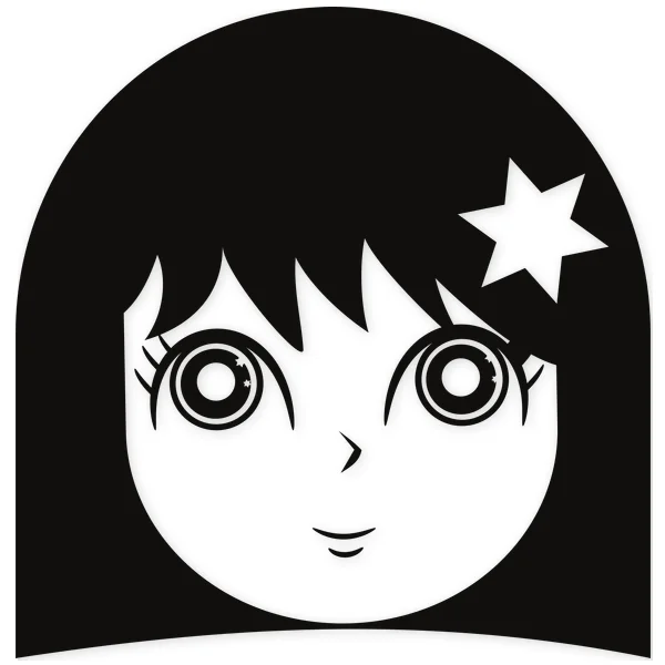 Manga character face with large, round eyes, dark hair, and a white star accessory on the head.