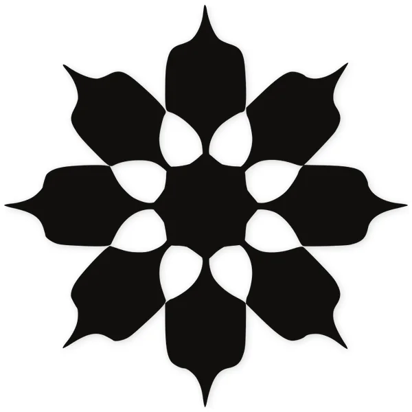 Diseño abstracto de una flor de ocho pétalos concéntricos, con formas alargadas y puntas afiladas, en color negro sobre fondo blanco.