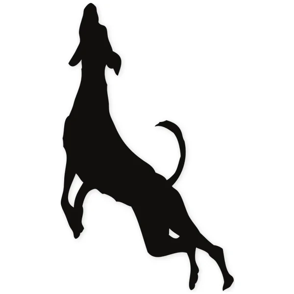 Silueta negra de un perro atlético en pleno salto, con la cabeza y patas delanteras apuntando hacia arriba.