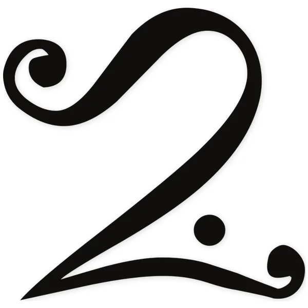 Black calligraphic number "2" on a white background, featuring swirls and a decorative dot.