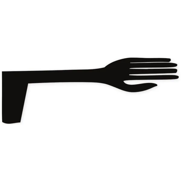 Black silhouette of an extended arm with an open hand, in a geometric Egyptian style.