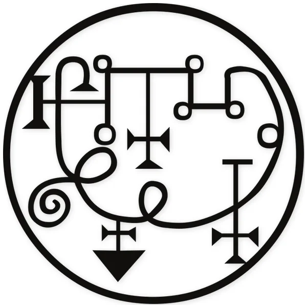 Black circular sigil with intricate geometric lines, crosses, an inverted triangle, and spirals.
