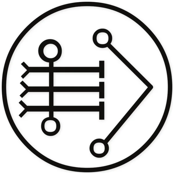 Abstract geometric symbol within a circle, featuring three horizontal bars and an angular shape, inspired by Egyptian and heraldic art.