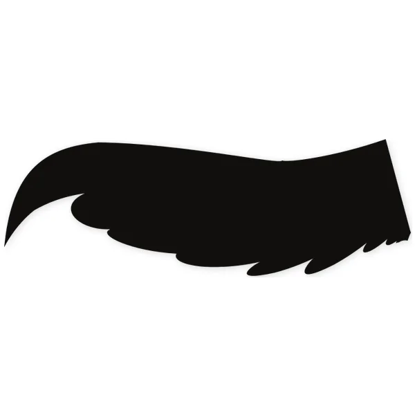 Black silhouette of a stylized wing with a scalloped edge and curved tip, evoking movement.
