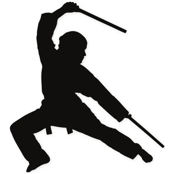 Silhouette of a martial artist holding two staffs in a combat pose, wearing traditional attire with a belt.
