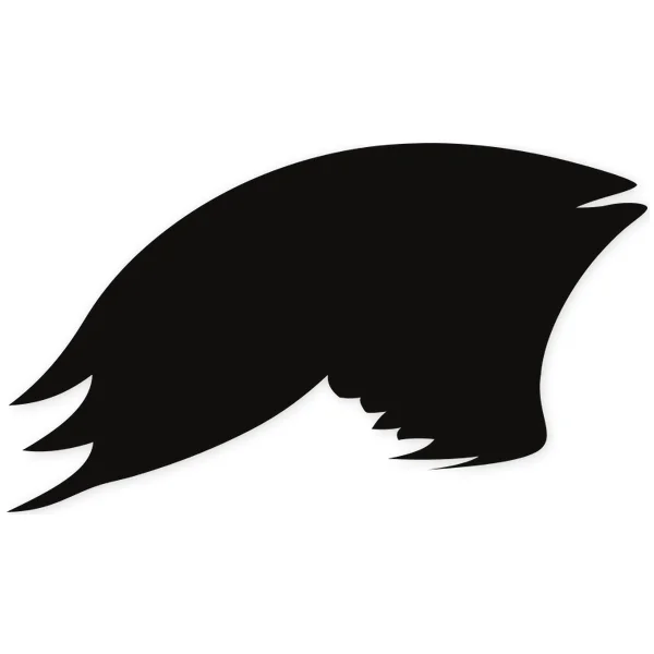Black silhouette of a stylized wing with sharp tips and fluid contours, suggesting movement and flight.
