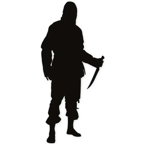 Black silhouette of a hooded warrior holding a knife in a combat stance.