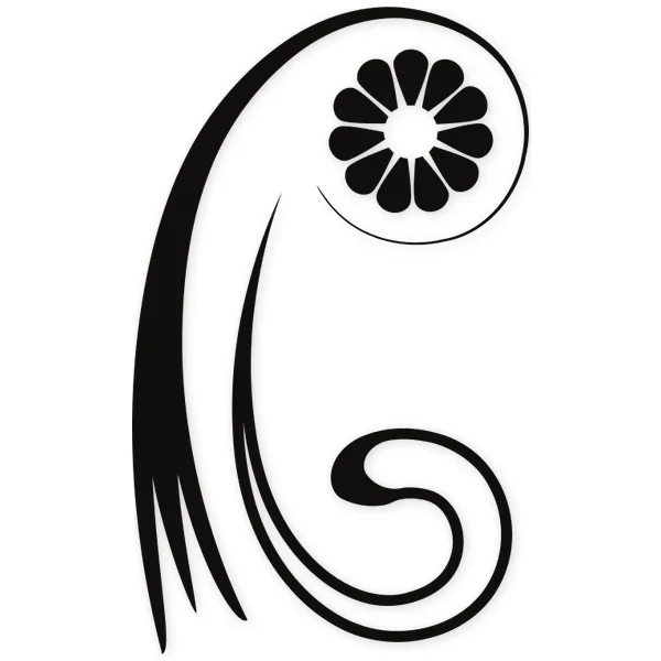 Stylized floral motif with a spiral swirl and a central flower with defined petals.
