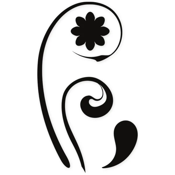 Black ornamental motif with a stylized flower and two curved swirls, evoking a floral design.