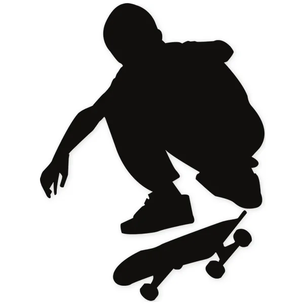 Black silhouette of a skateboarder in the air with their board, executing an acrobatic move.