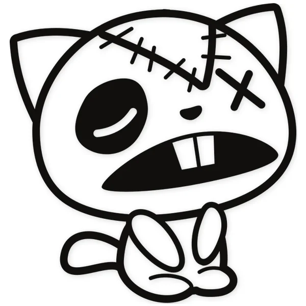 Cartoon cat with a zombie appearance, featuring stitching on its head, one closed eye, and two visible teeth.