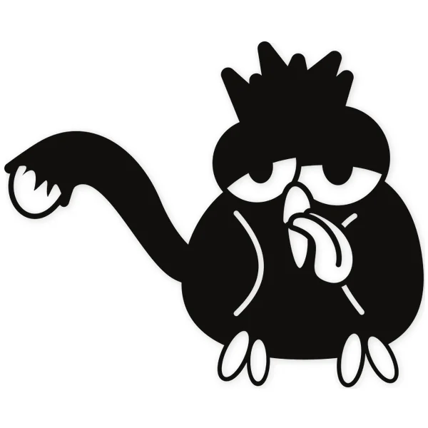 Black cartoon bird illustration with droopy eyes, tongue sticking out, and a jagged tail.