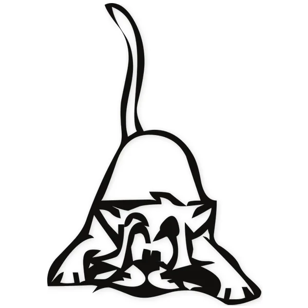 Cartoon cat illustration in a playful pose, with head down and tail raised.