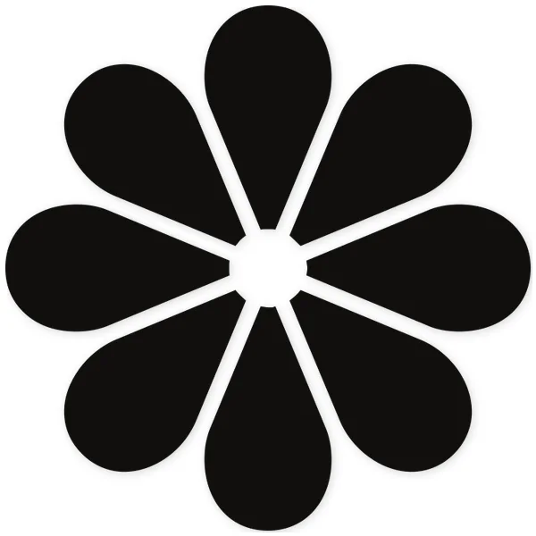 Diseño de flor negra estilizada con ocho pétalos en forma de lágrima y un centro blanco, dispuesto de forma concéntrica.