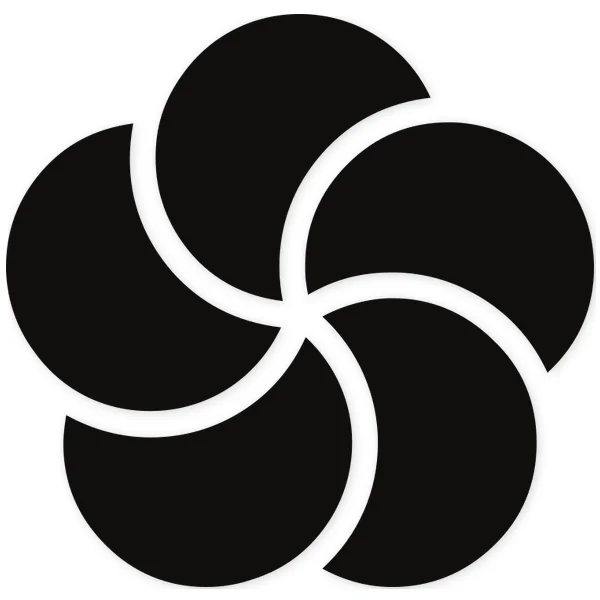Abstract design of five curved, concentric petals interlocking in a symmetrical circular pattern.