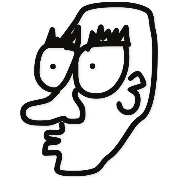 Cartoon face with large eyes, long nose, and a number 3 on the cheek, outlined in black.