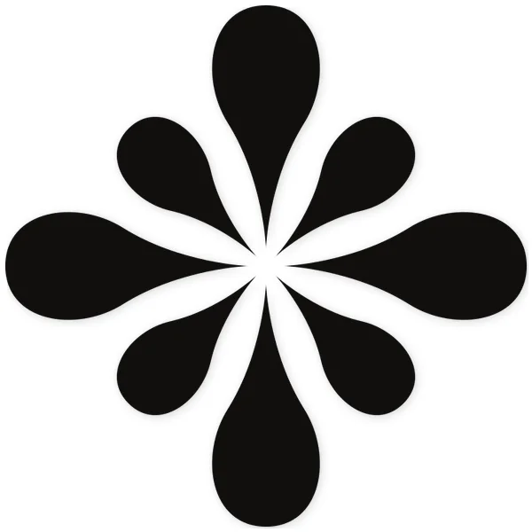 Concentric decorative motif with eight black drop shapes arranged radially around a central point.