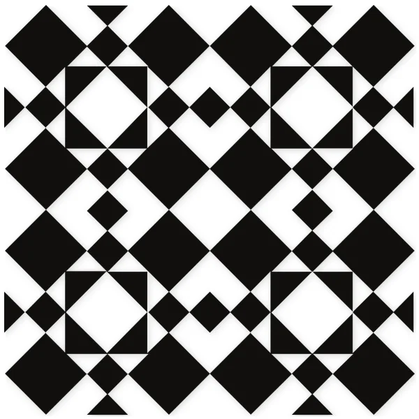 Abstract geometric pattern featuring black and white diamonds and squares, creating a repetitive and rhythmic motif.