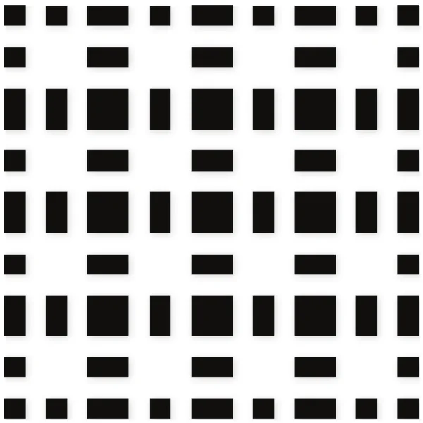 Patrón abstracto de cuadrados y rectángulos negros dispuestos en una cuadrícula repetitiva sobre fondo blanco.