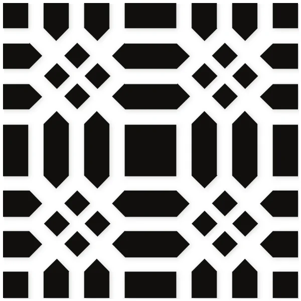 Abstract black and white geometric pattern with interlocking squares, rectangles, and rhombuses forming a symmetrical lattice.
