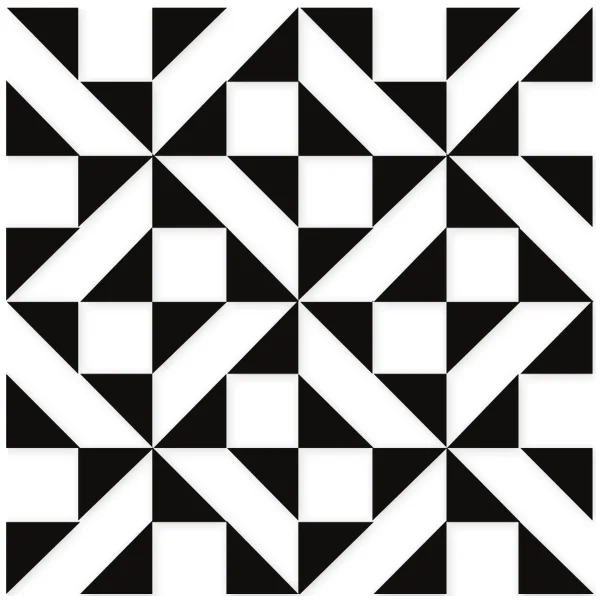 Abstract black and white geometric pattern with repeating squares, triangles, and diagonal rectangles.