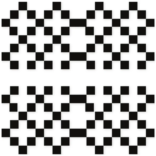 Patrón geométrico abstracto en blanco y negro con dos filas de motivos repetitivos que se asemejan a estructuras fractales.