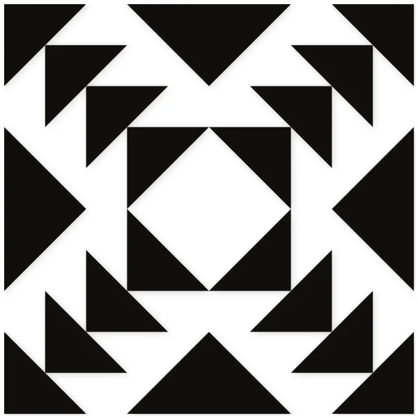 Abstract geometric motif with black triangles and squares on a white background, arranged symmetrically.