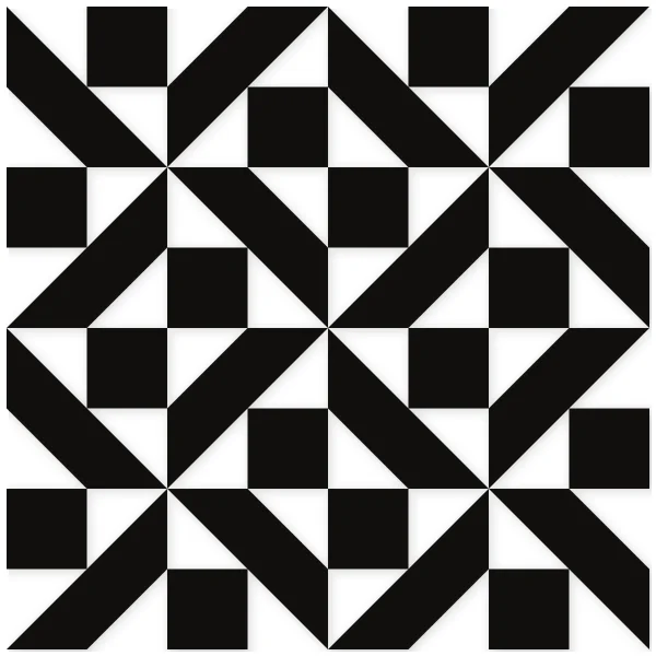 Abstract black and white geometric pattern with interconnected squares and diagonal shapes, creating a rhythmic visual effect.