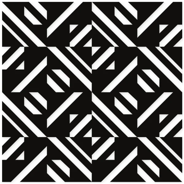 Abstract black and white geometric pattern with repeating diagonal lines, rectangles, and triangles.