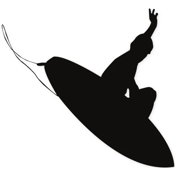 Black silhouette of a surfer riding a wave with one hand raised and the other on the board.