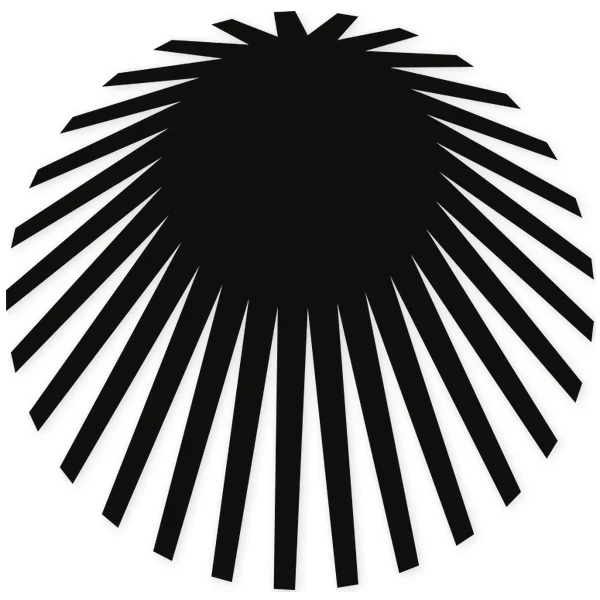 Abstract design of a dark central circle with multiple sharp-pointed black radial lines extending outwards.