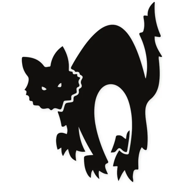 Black silhouette of a cat with an arched back, raised tail, and pointed ears, displaying an intense facial expression.