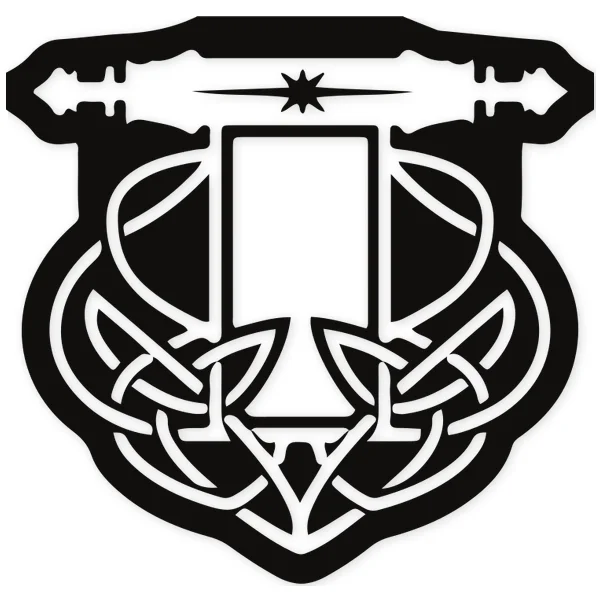 Black shield design with Celtic knots, a top bar, and a central star, resembling a video game achievement.