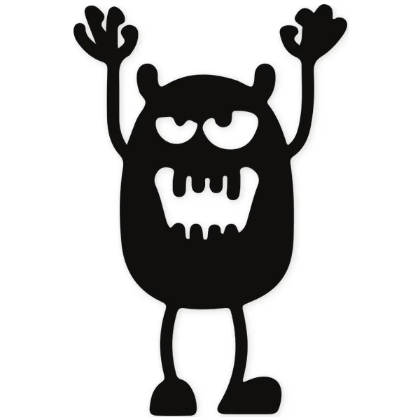 Silueta negra de un monstruo infantil con brazos levantados, ojos grandes y boca abierta con dientes.