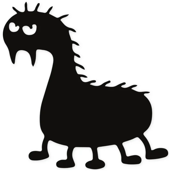 Black silhouette of a child-friendly monster with an elongated head, round eyes, and a spiky crest, on a white background.