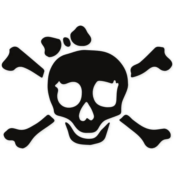 Black skull with a bow and two crossed bones, symbolizing death with a feminine style.