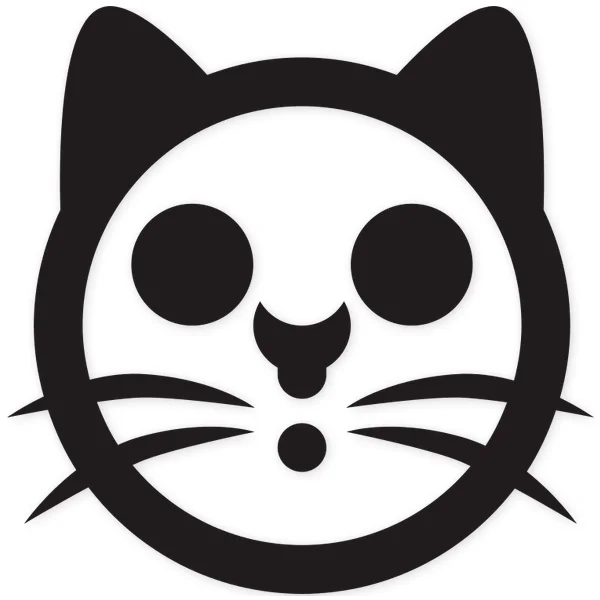 Silueta gráfica de la cabeza de un gato con orejas triangulares, ojos redondos y bigotes finos.