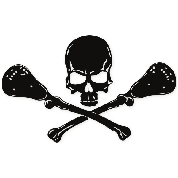Human skull with two crossed lacrosse sticks behind it, featuring netted heads and bone-like shafts.