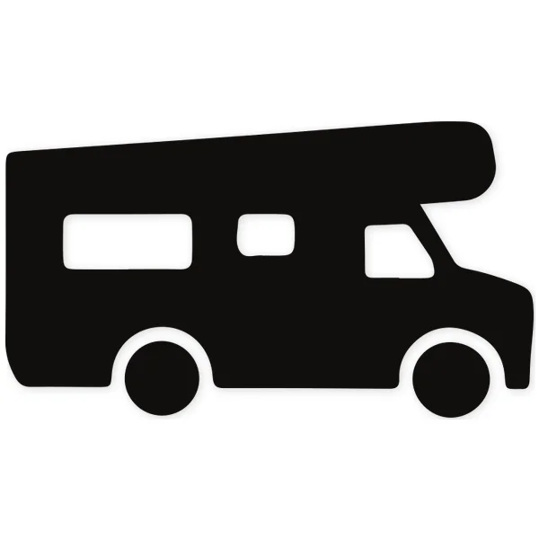 Black silhouette of a camper van seen from the side, featuring rectangular windows and circular wheels.