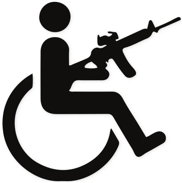 machine gun · shot · disabled · humor · chair · wheels · weapon