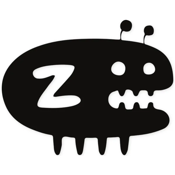 Monstruo infantil negro con forma ovalada, antenas, ojos redondos, boca con dientes y la letra 'Z' en su cuerpo.