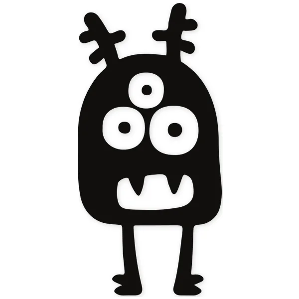 Black silhouette of a child-friendly monster with three eyes, horns, and a jagged mouth, standing on two short legs.