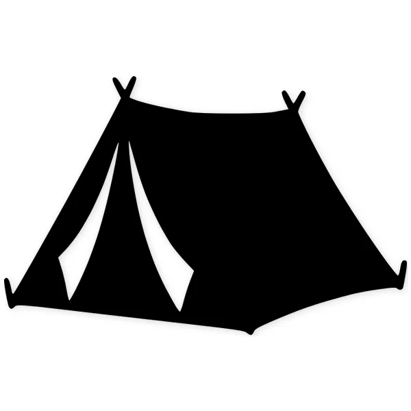 Black silhouette of a classic tent with a triangular entrance and visible poles, symbolizing camping.